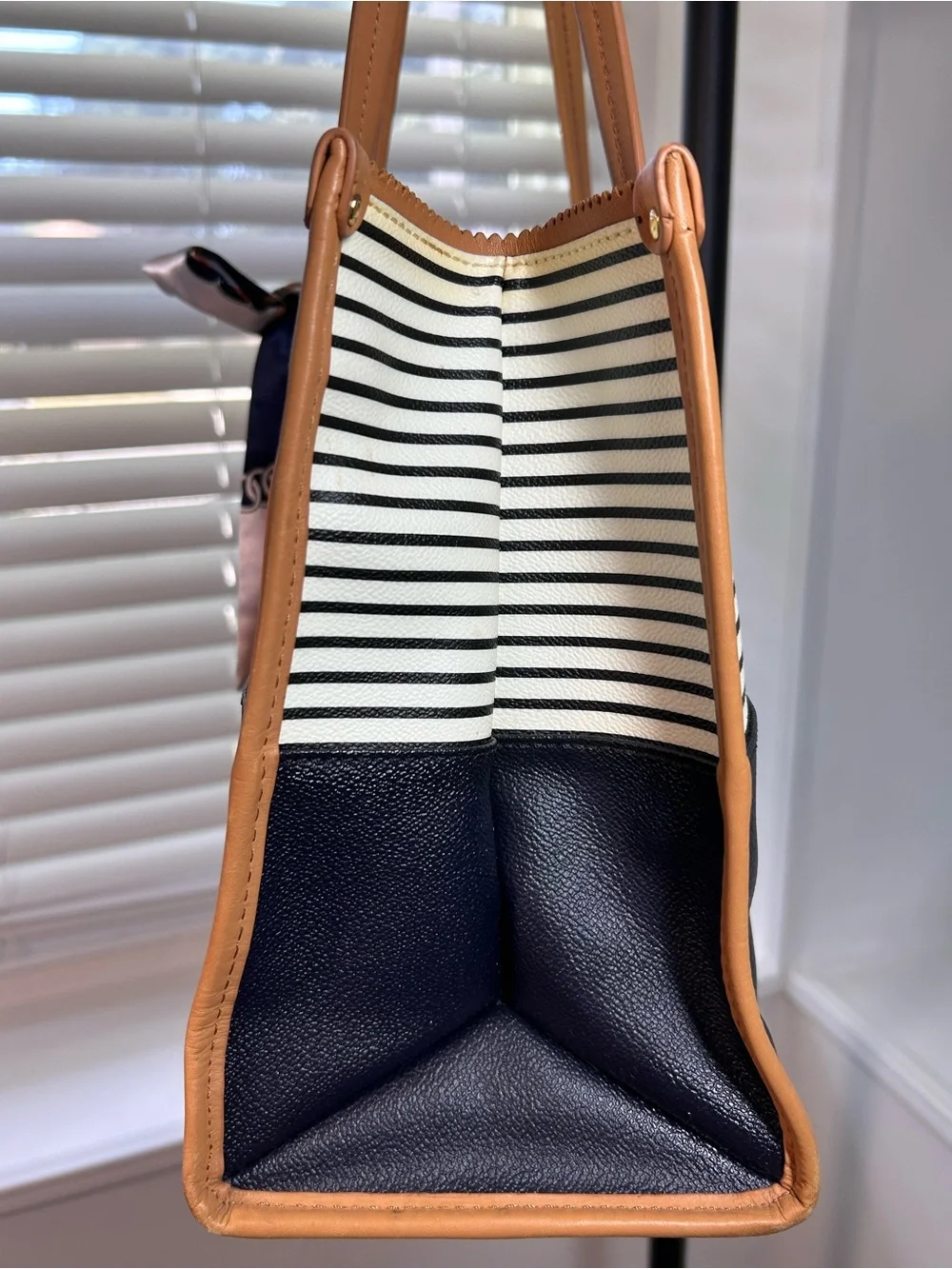 Tory Burch Ella Viva Leather Tote in the distinctive Navy Stripes & Shine design